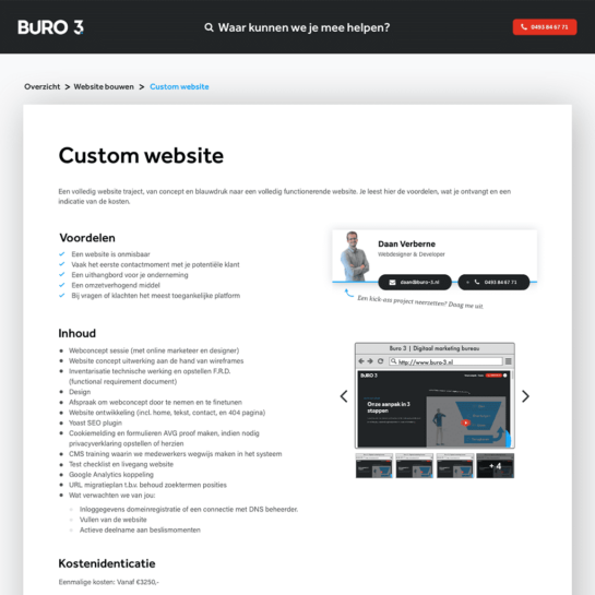 Uitgelichte afbeelding: design productkaart met fotoslider en contactpersoon