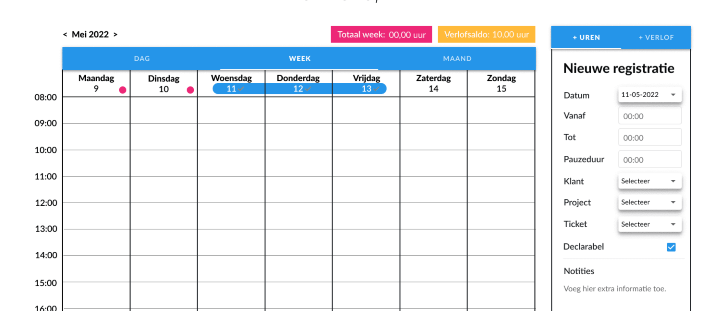 Uit wireframes: urenregistratie kalender week