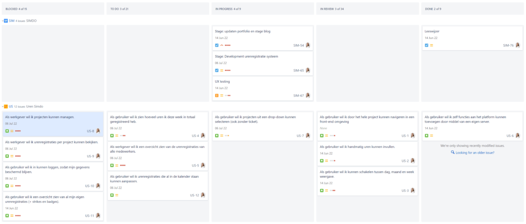 Kanban borden met user stories en feedback.