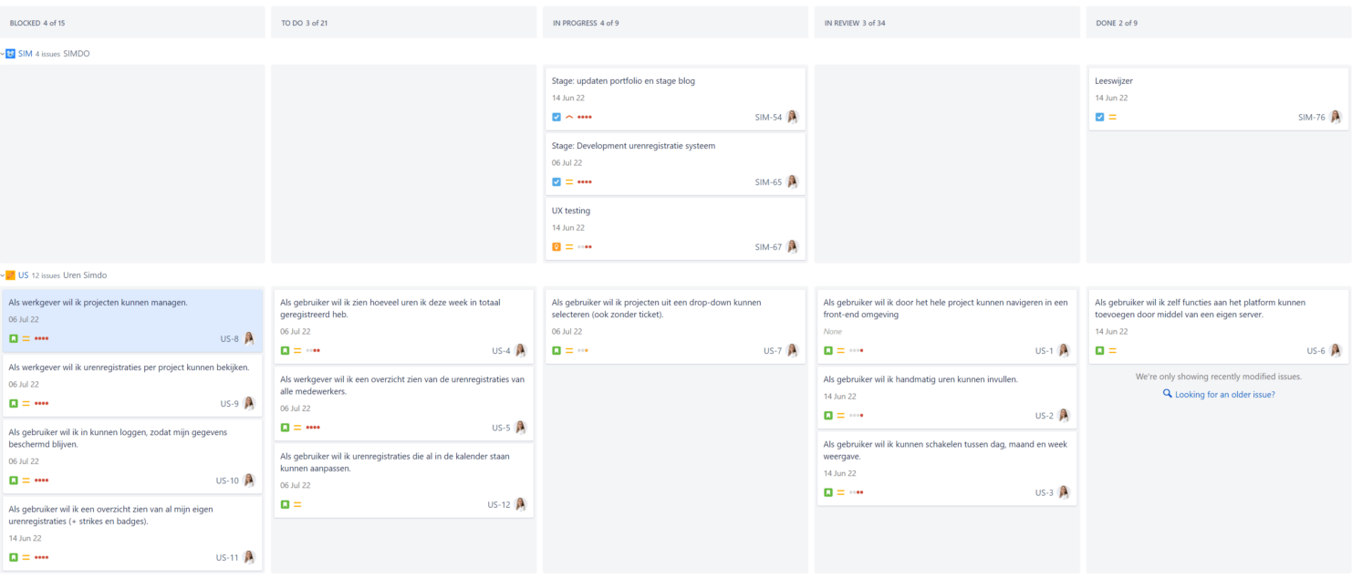 Kanban borden met user stories en feedback.