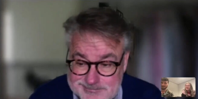 Foto van een van de expert interviews. Jaco is volledig in beeld en Koen en Britt zijn te zien in de picture in picture.