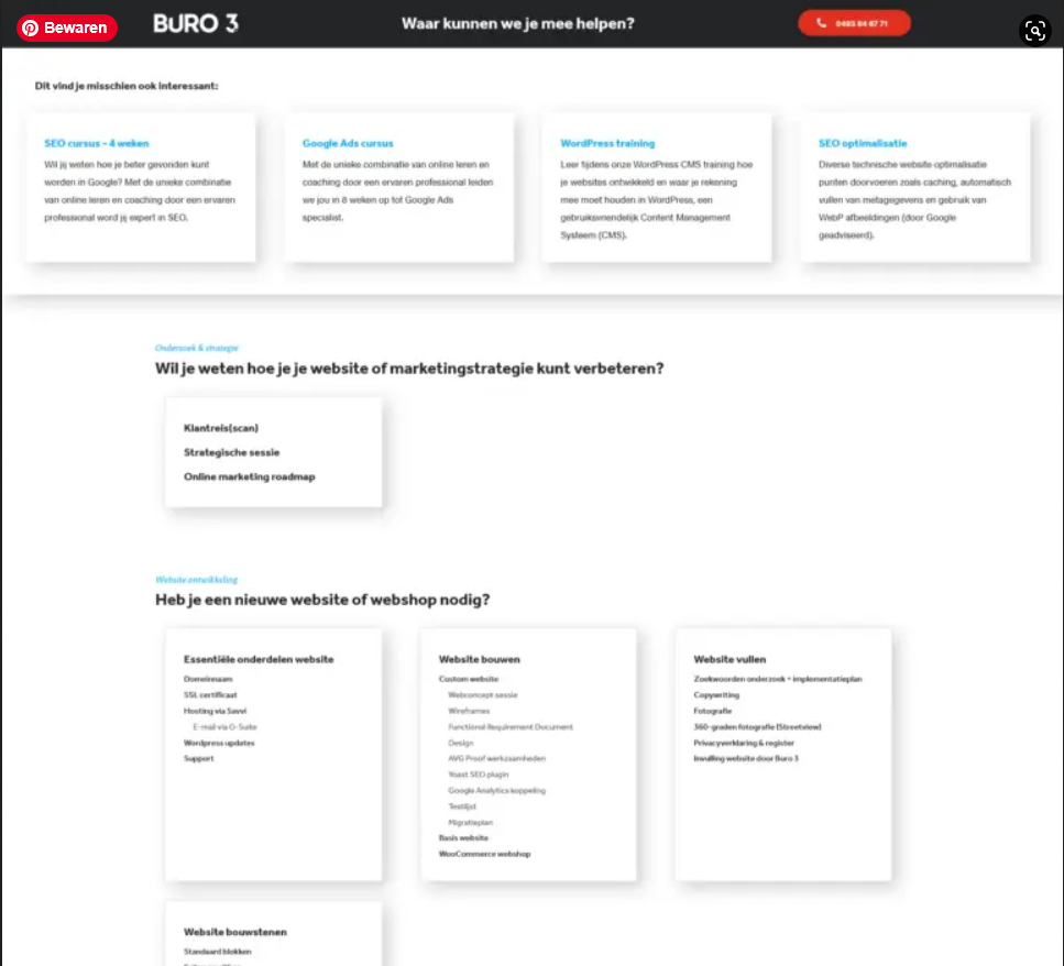 Homepage van de brochure website met een soort sitemap structuur gecategoriseerde tegels met links naar onderwerpen per categorie.